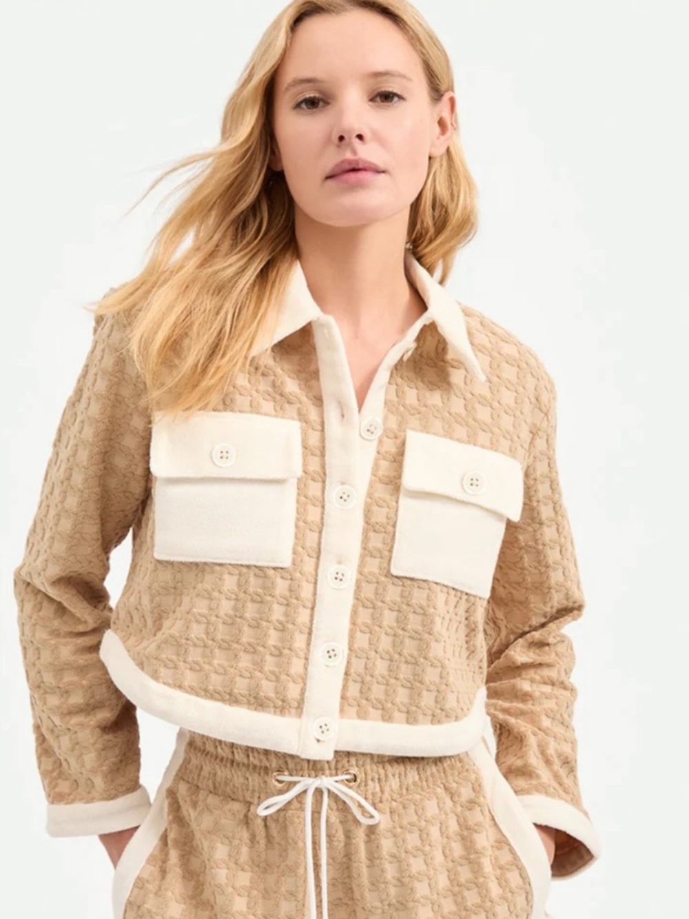NWT Veronica Bears Cardigan Zariah Cropped Terrycloth in Stone Khaki Tan